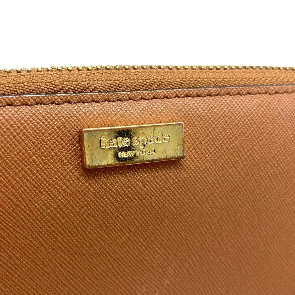 Kate Spade Cognac Saffiano Leather Zip Around Continental Wallet Gold Logo 2010s